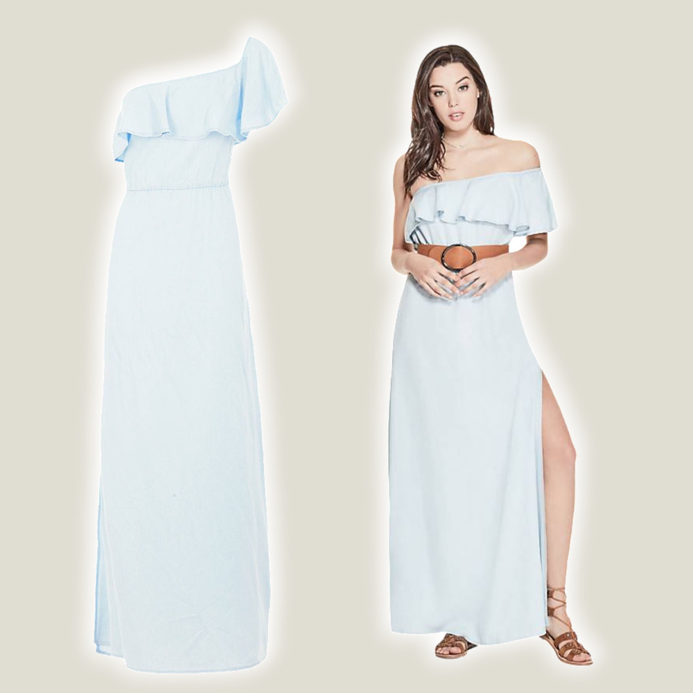 NWT GUESS Chambray One-Shoulder Maxi Dress Sz Small Sky Wash